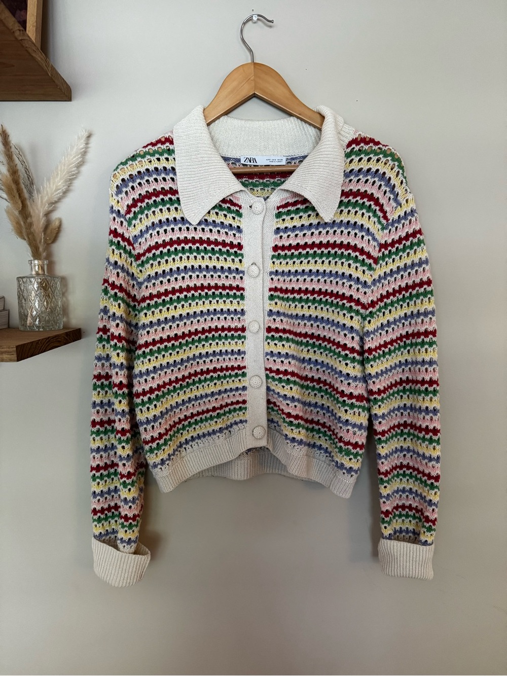 Zara Cream Multicolor Striped Open-Knit Collar Cardigan